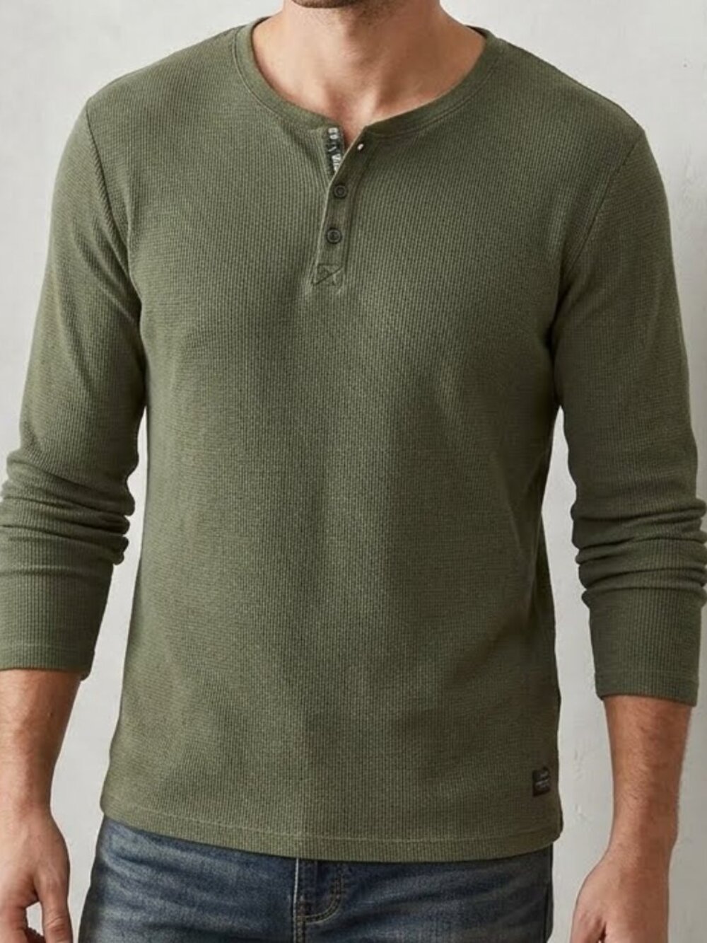 Buffalo David Bitton Men's Henley Style Green Waffle Knit Top Long Sleeve Size M
